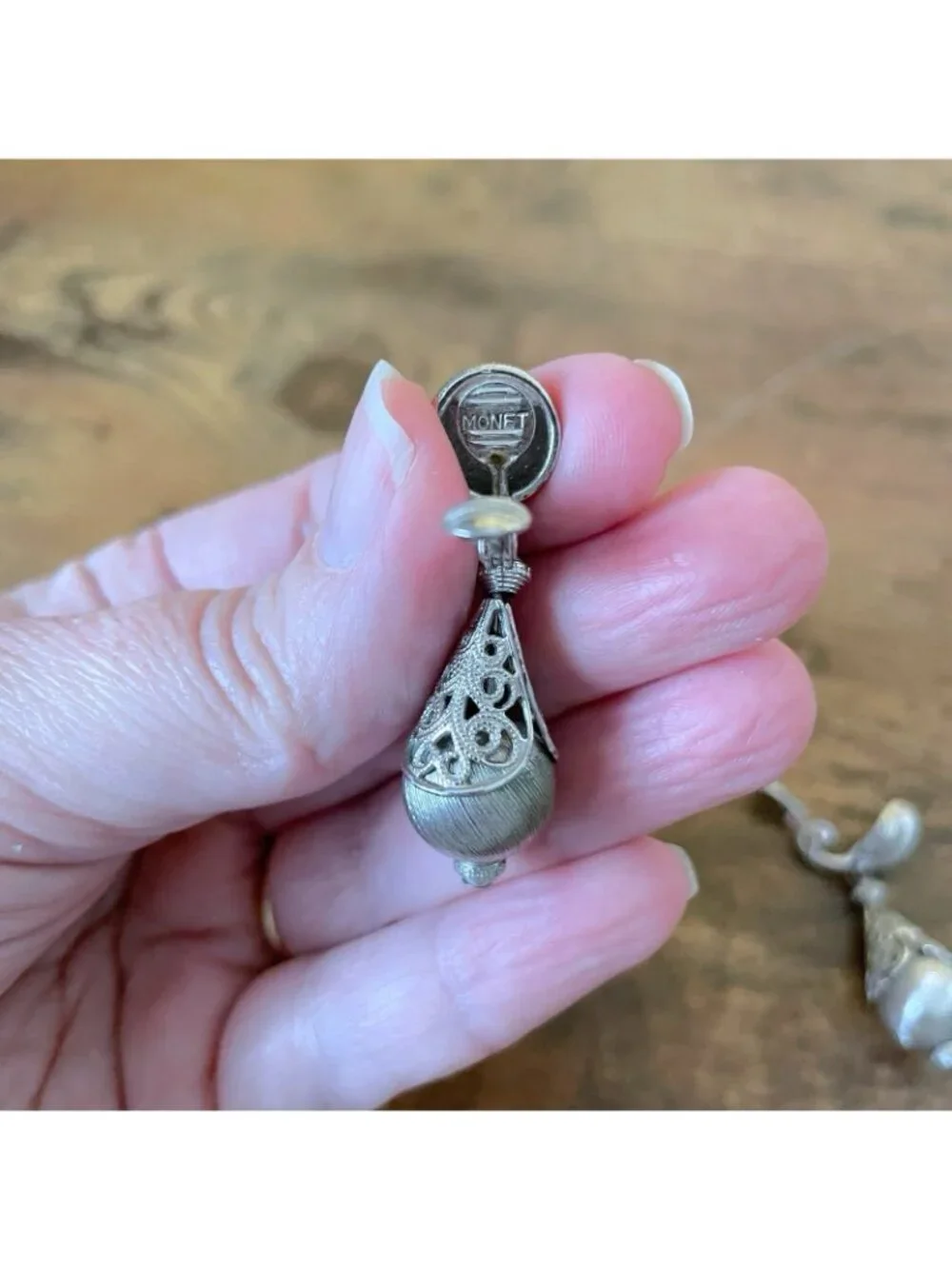 Vintage Monet Bolero Earrings Silver Tone Filigree Clip On Dangle Drop Signed